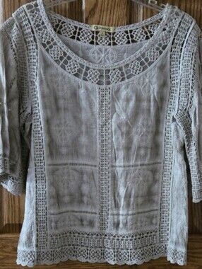 Democracy Blue Grey Overdyed Boho Peasant Cotton Blouse Sz Small